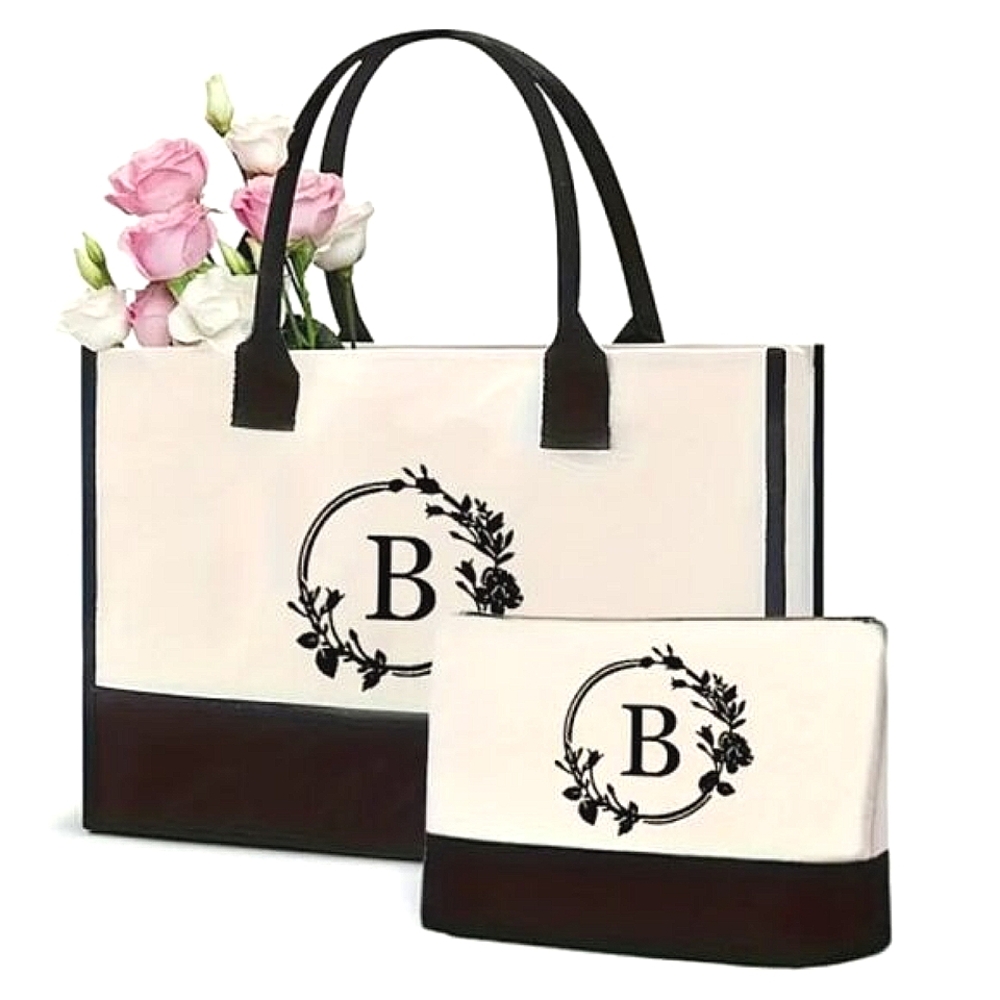 New! LARGE Initial B Monogram Canvas Tote bag set with Makeup Bag Travel Beach